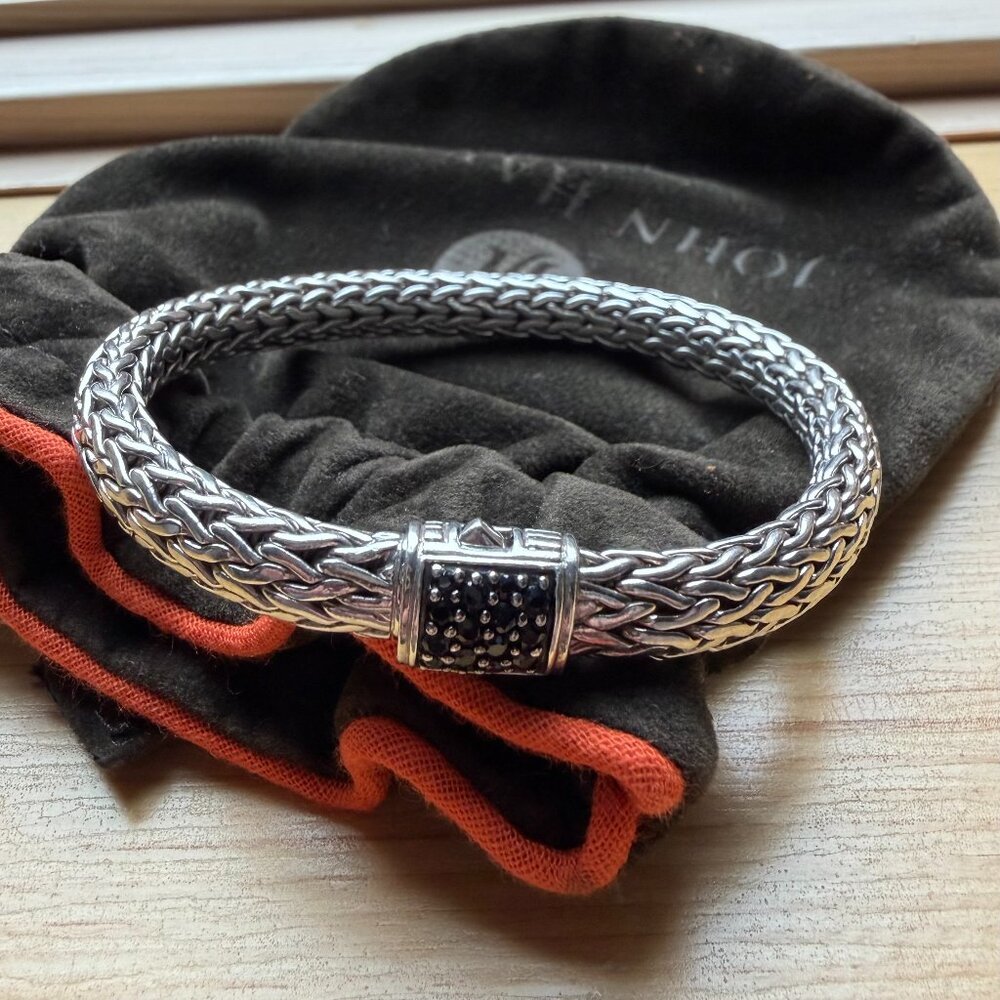 JOHN HARDY Classic Chain 7mm Medium Woven Bracelet with Black Sapphires